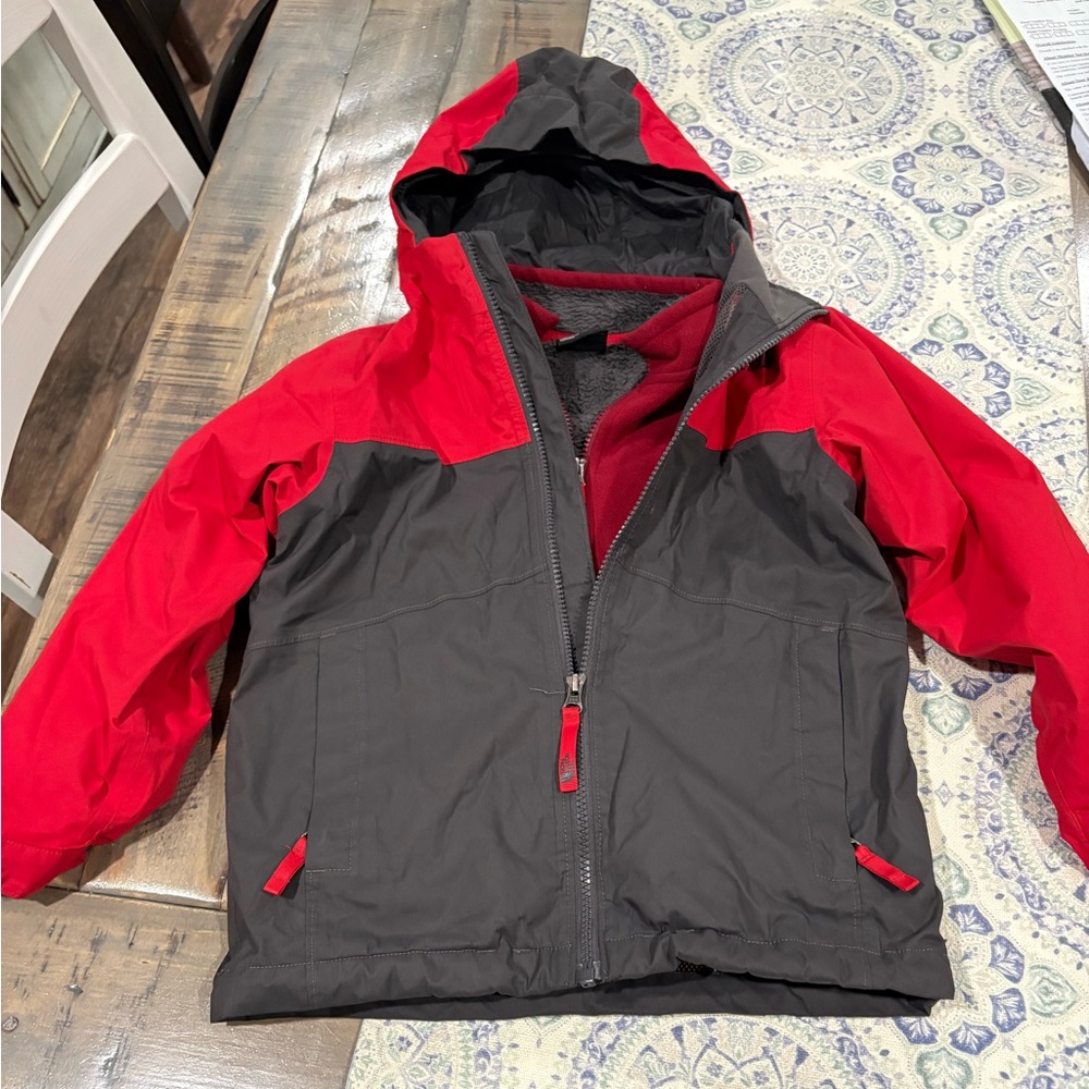 Red and Dark Gray North Face Hooded Fleece Lines Jacket